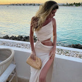 One Shoulder Ruched Split Cut Out Slip Midi Dress - White